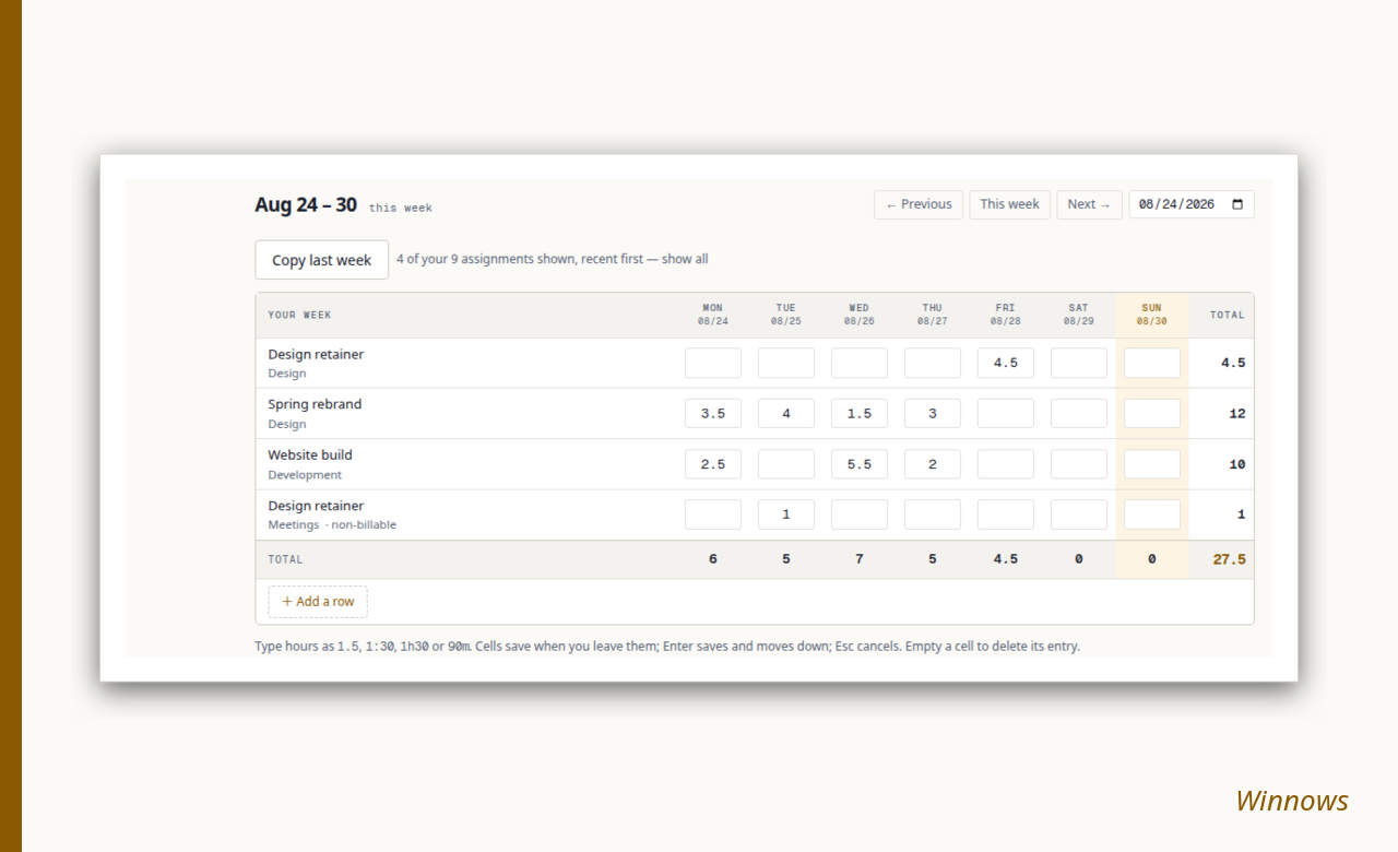 The week grid: projects and tasks as rows, days as columns, a running timer in the status bar