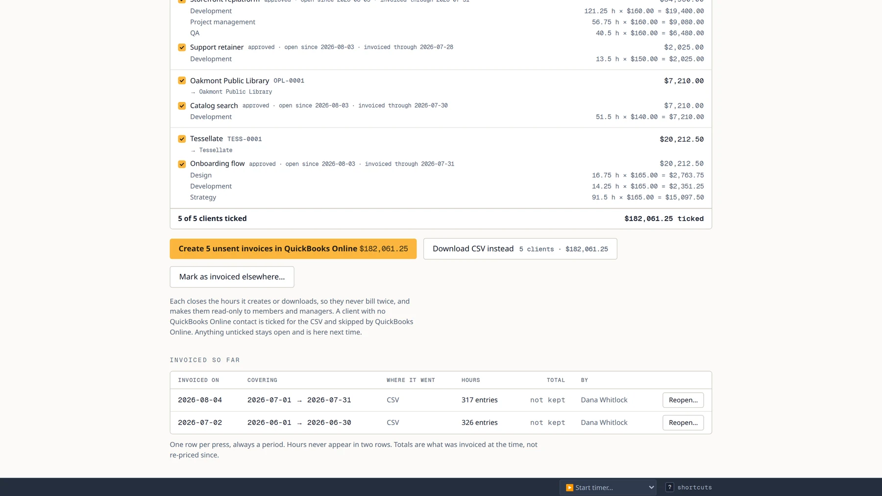 Reports → Invoicing: last month's approved hours by client with their totals, every client ticked, and a button that creates the unsent invoices in QuickBooks Online, with Download CSV beside it
