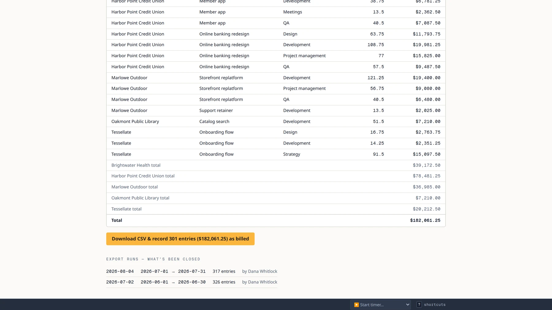 The billing export: invoice-ready lines by client, project and task with hours and amounts, client totals, and a button that records 301 entries as billed